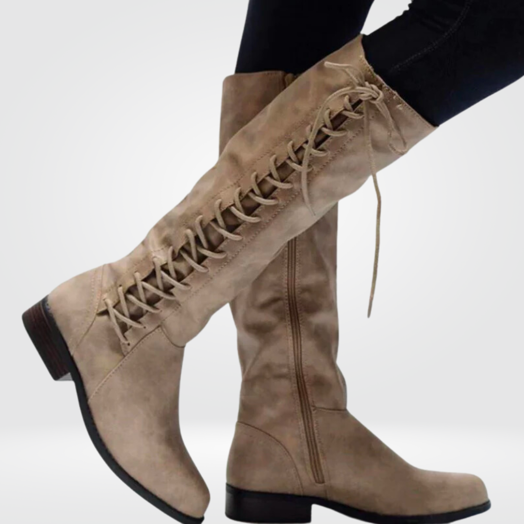 Women's Knee High Boots in beige – Lace Up Flat Riding Boots