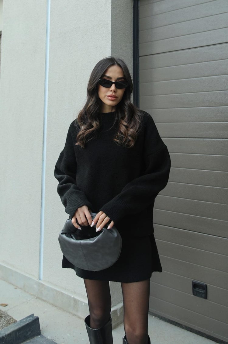 Women's Knitted Jumper and Mini Skirt Set in Black