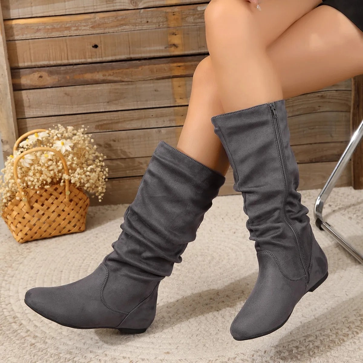 Women's Slouch Boots in grey – Mid Calf Flat Boots