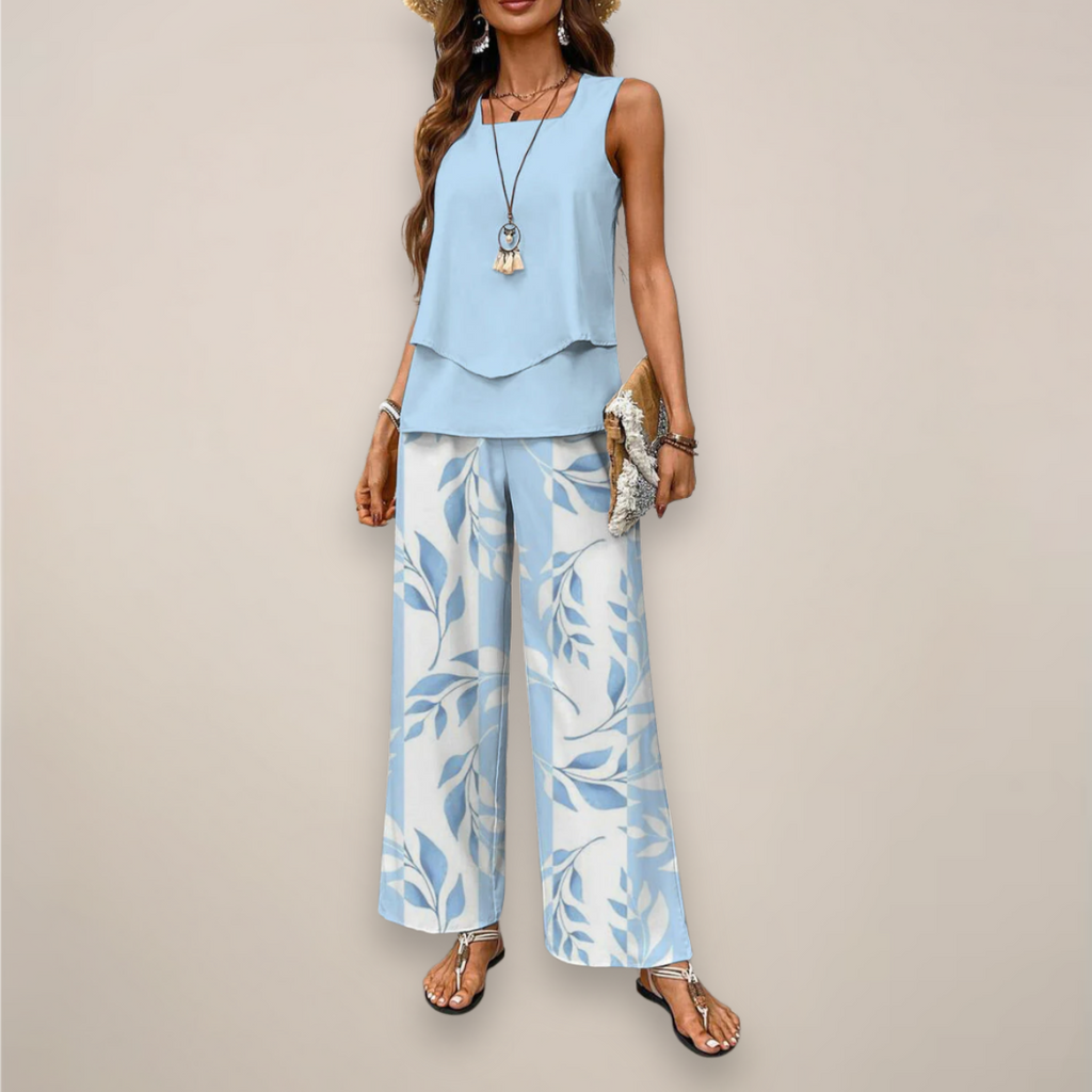 Women's Co-ord Set in blue – Sleeveless Layered Top and Wide Leg Trousers