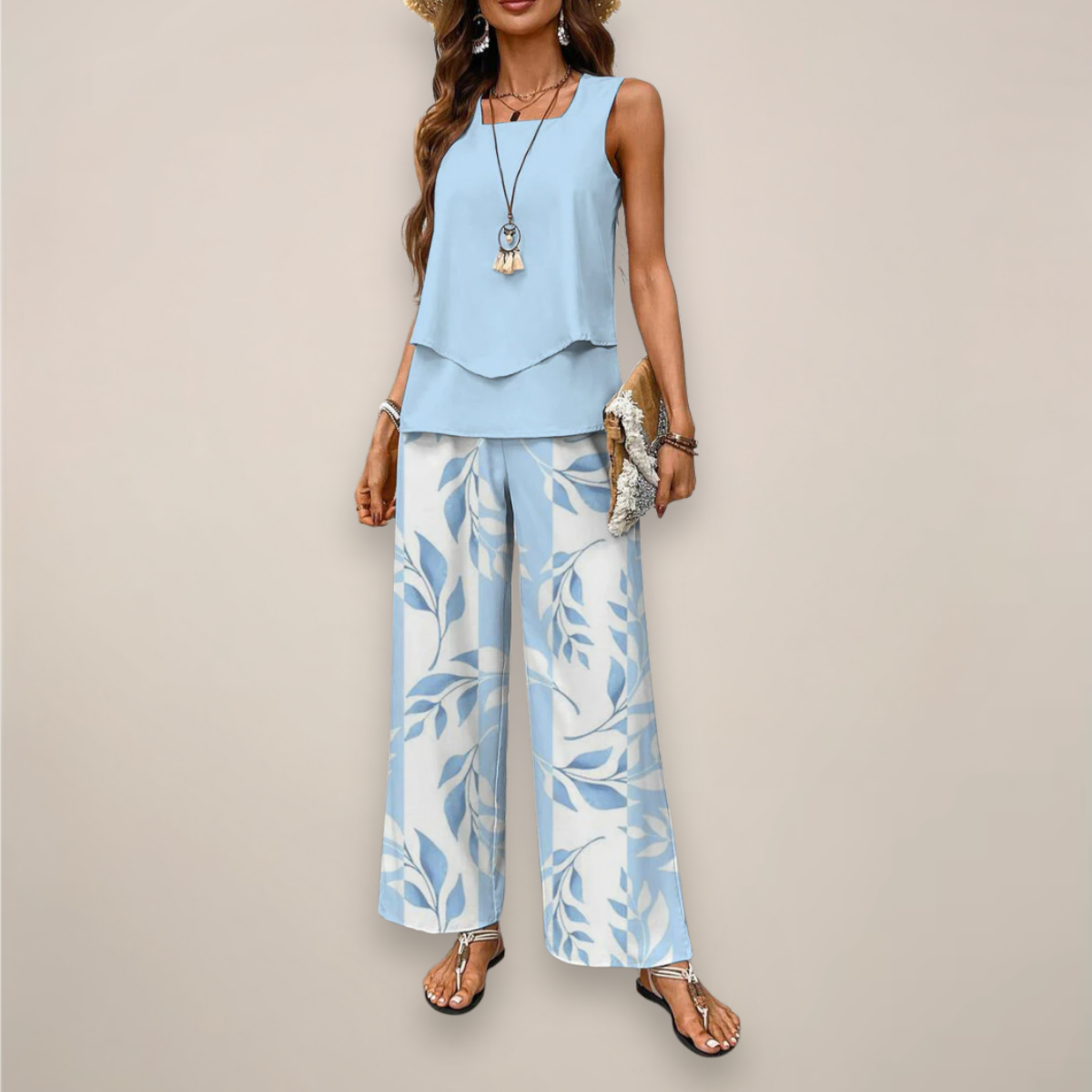 Women's Co-ord Set in blue – Sleeveless Layered Top and Wide Leg Trousers
