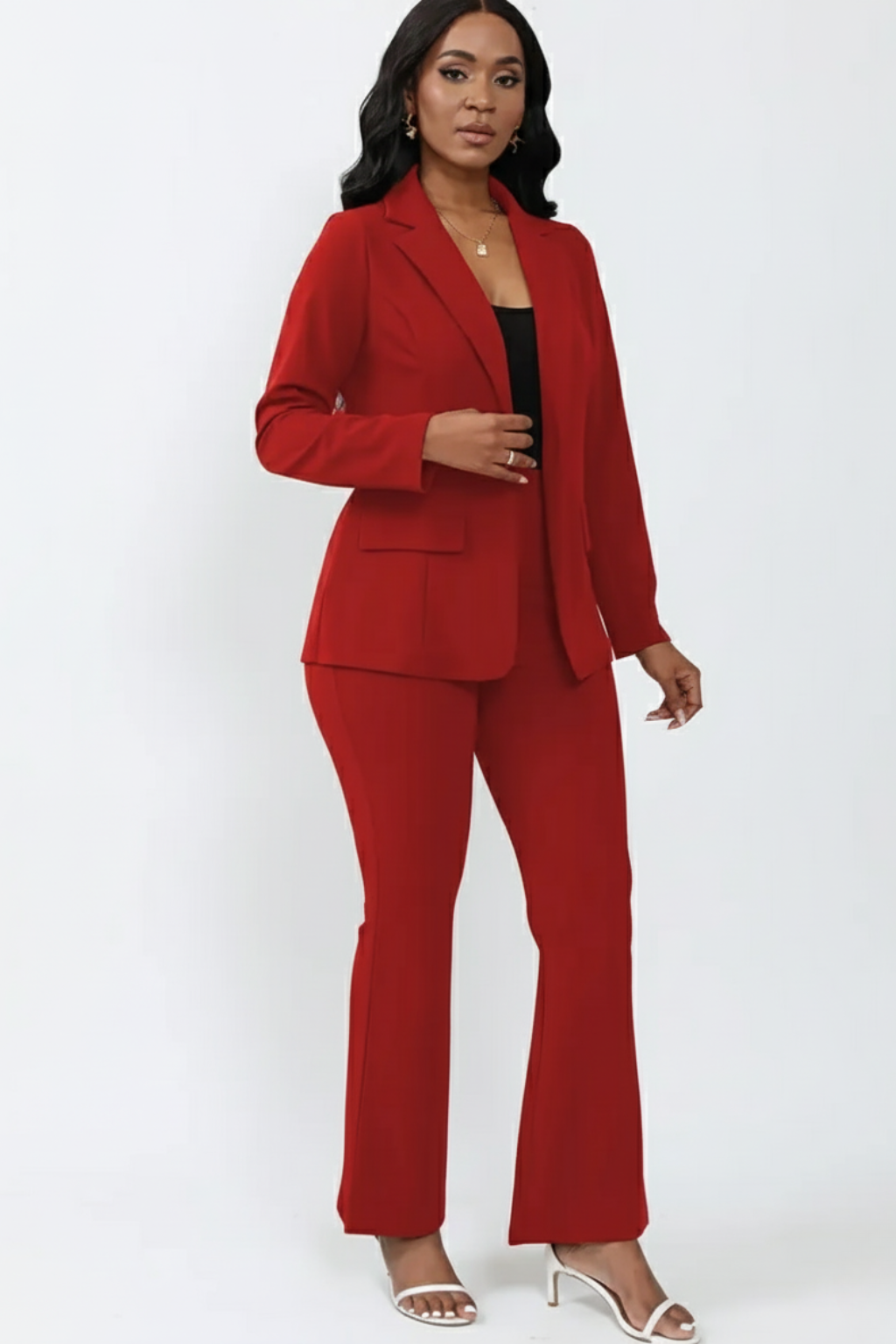 Women's Trouser Suit in red – Open Front Blazer and Flared Trousers
