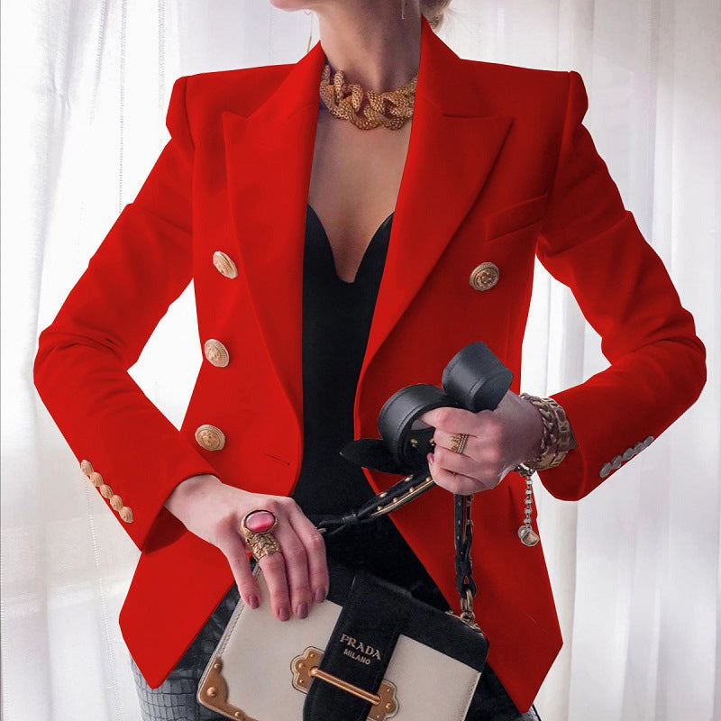 Women's Double-Breasted Tailored Blazer - Peak Lapel and Crest Buttons