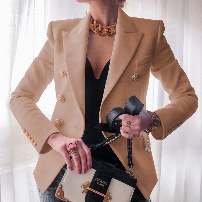 Women's Double-Breasted Tailored Blazer - Peak Lapel and Crest Buttons
