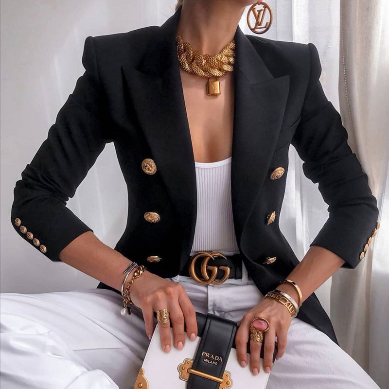 Women's Double-Breasted Tailored Blazer - Peak Lapel and Crest Buttons