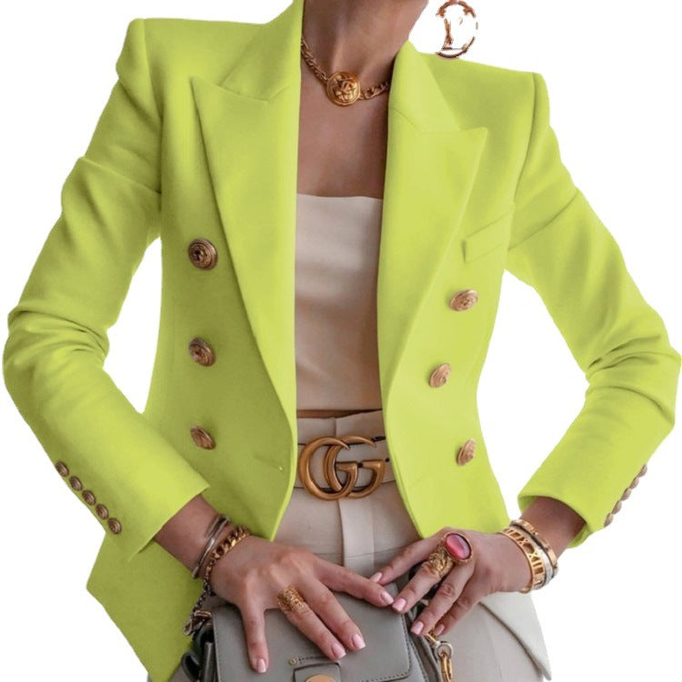Women's Double-Breasted Tailored Blazer - Peak Lapel and Crest Buttons
