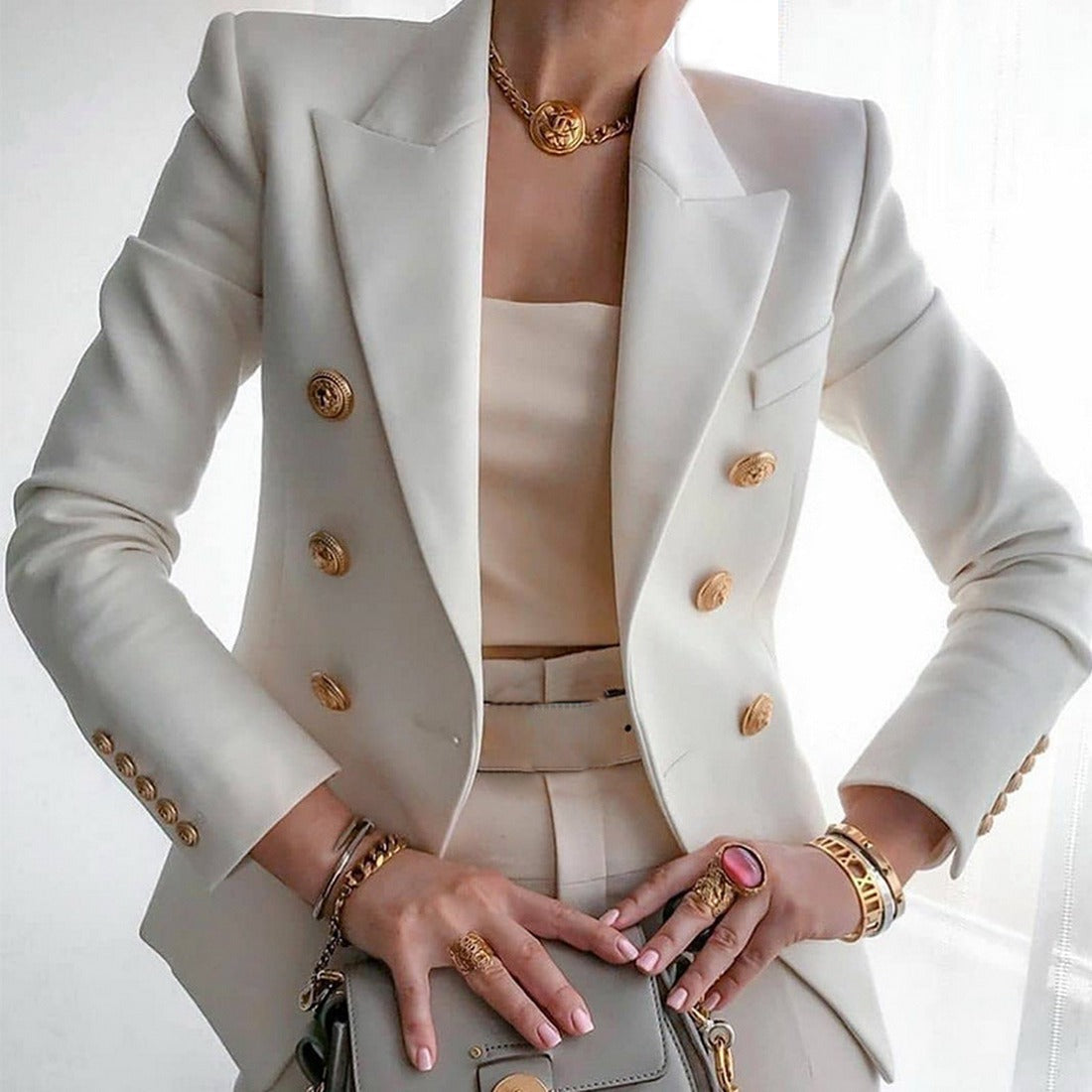Women's Double-Breasted Tailored Blazer - Peak Lapel and Crest Buttons