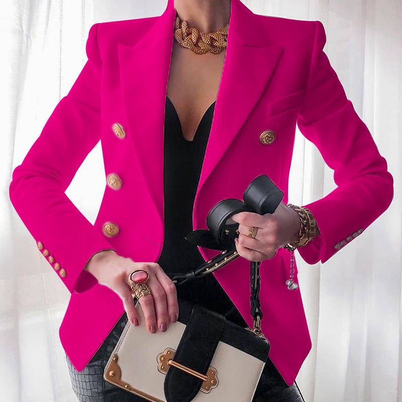 Women's Double-Breasted Tailored Blazer - Peak Lapel and Crest Buttons