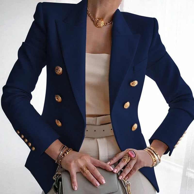 Women's Double-Breasted Tailored Blazer - Peak Lapel and Crest Buttons