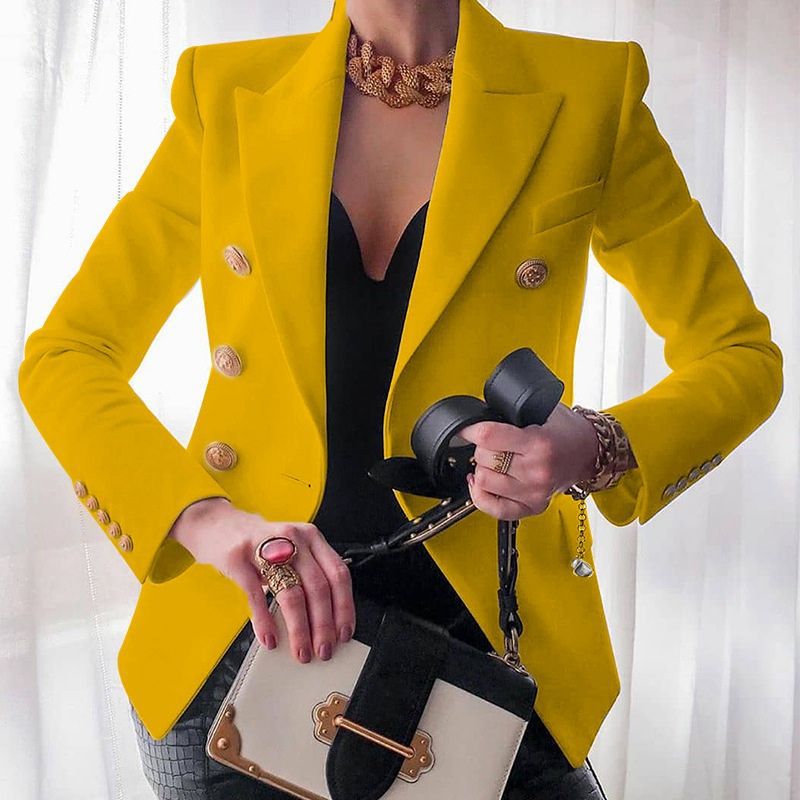 Women's Double-Breasted Tailored Blazer - Peak Lapel and Crest Buttons
