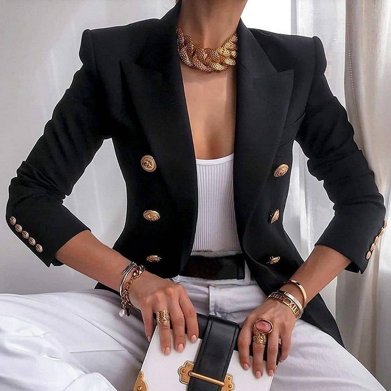 Women's Double-Breasted Tailored Blazer - Peak Lapel and Crest Buttons