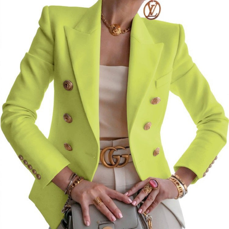 Women's Double-Breasted Tailored Blazer - Peak Lapel and Crest Buttons