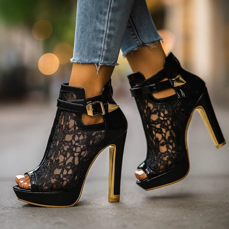 Women's Lace Panel Platform Heels Peep Toe and Buckle Fastening