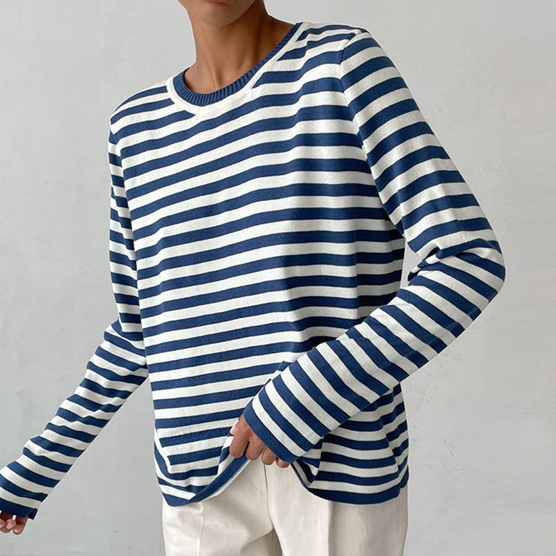 Women's Striped Knit Long Sleeve Crew Neck Pullover