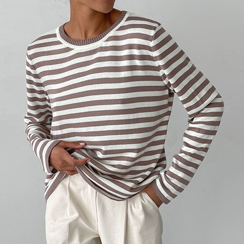 Women's Striped Knit Long Sleeve Crew Neck Pullover