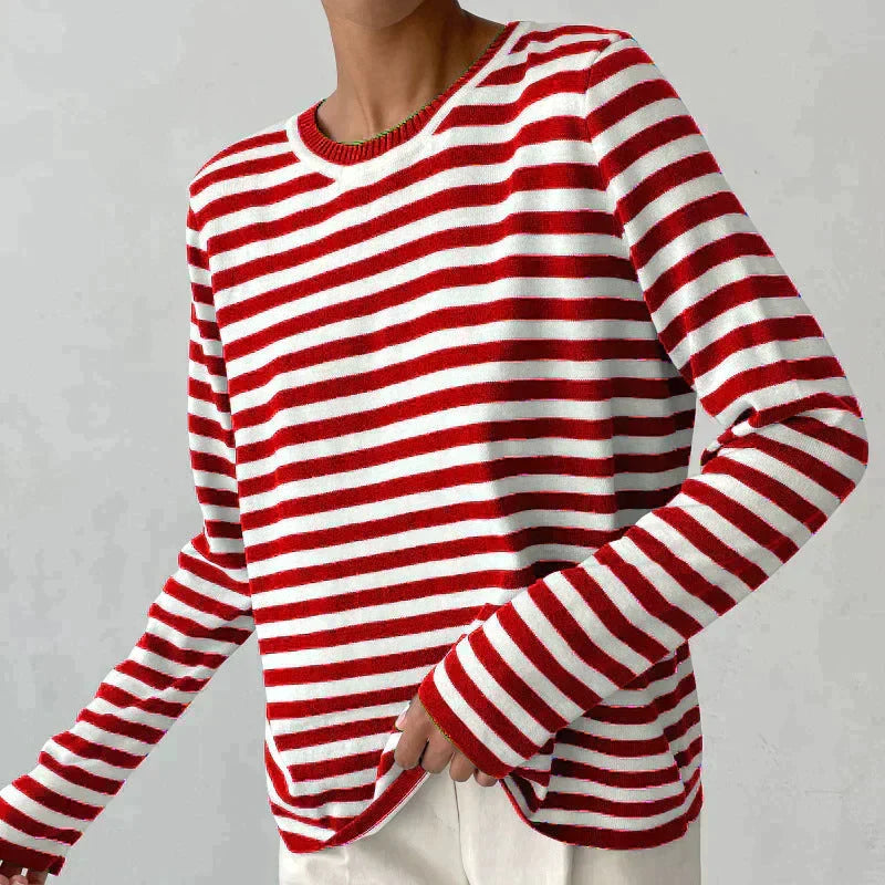 Women's Striped Knit Long Sleeve Crew Neck Pullover