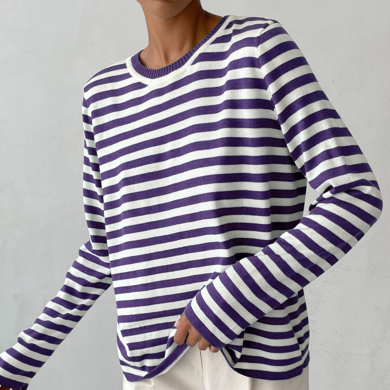 Women's Striped Knit Long Sleeve Crew Neck Pullover
