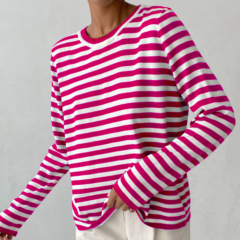 Women's Striped Knit Long Sleeve Crew Neck Pullover