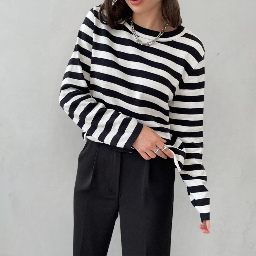Women's Striped Knit Long Sleeve Crew Neck Pullover