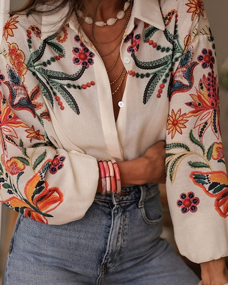 Women's White Embroidered Floral Linen Long Sleeve Blouse