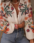 Women's White Embroidered Floral Linen Long Sleeve Blouse