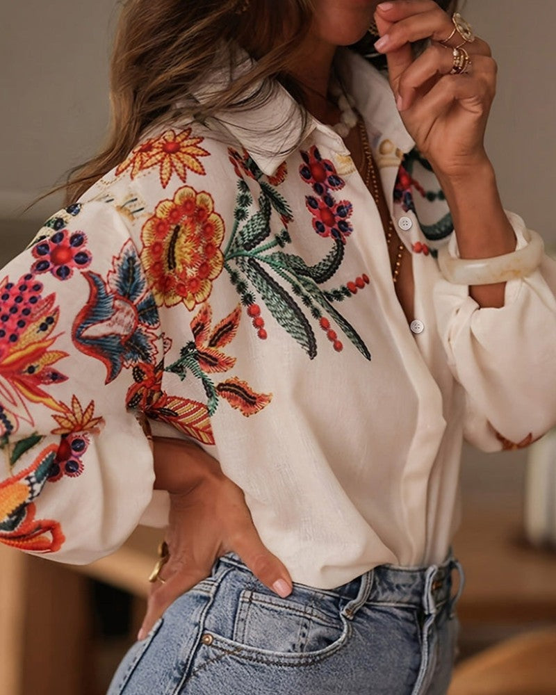 Women's White Embroidered Floral Linen Long Sleeve Blouse