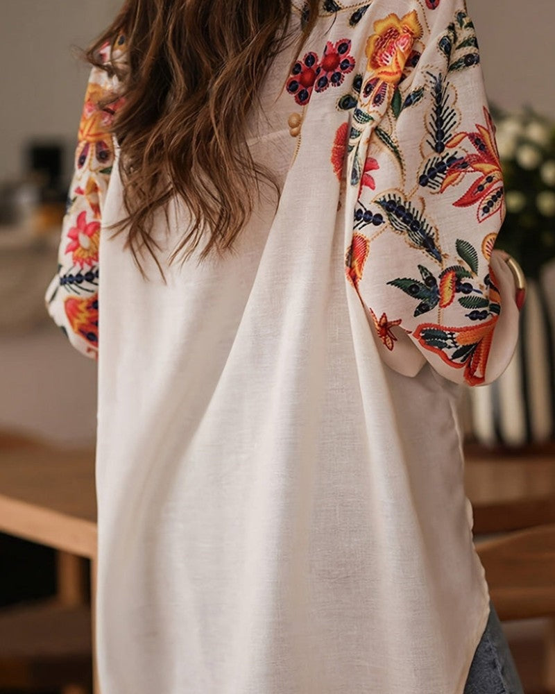 Women's White Embroidered Floral Linen Long Sleeve Blouse