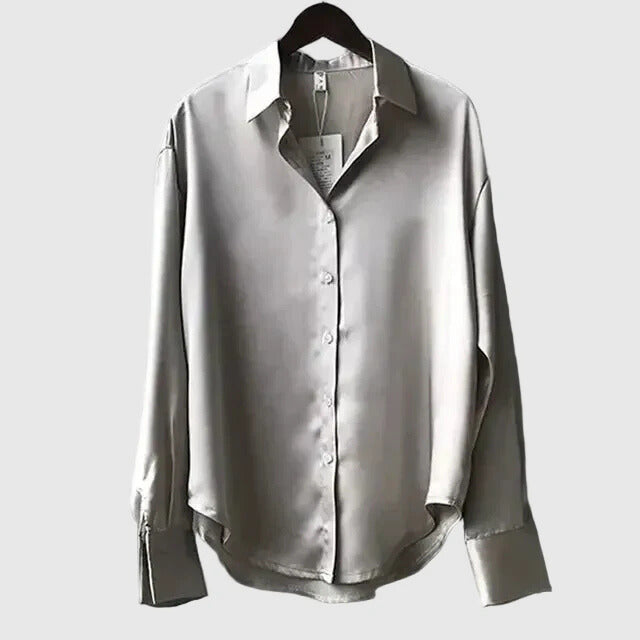 Women's Satin Blouse in grey – Long Sleeve Button Up Shirt