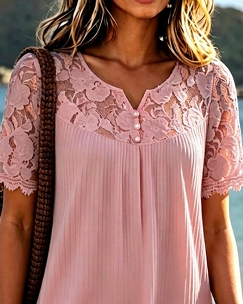 Pink cotton blend midi dress with scalloped lace hem detail