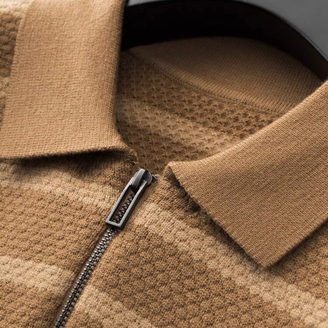 Men's Striped Quarter Zip Polo – Long Sleeve Textured Knit Jumper