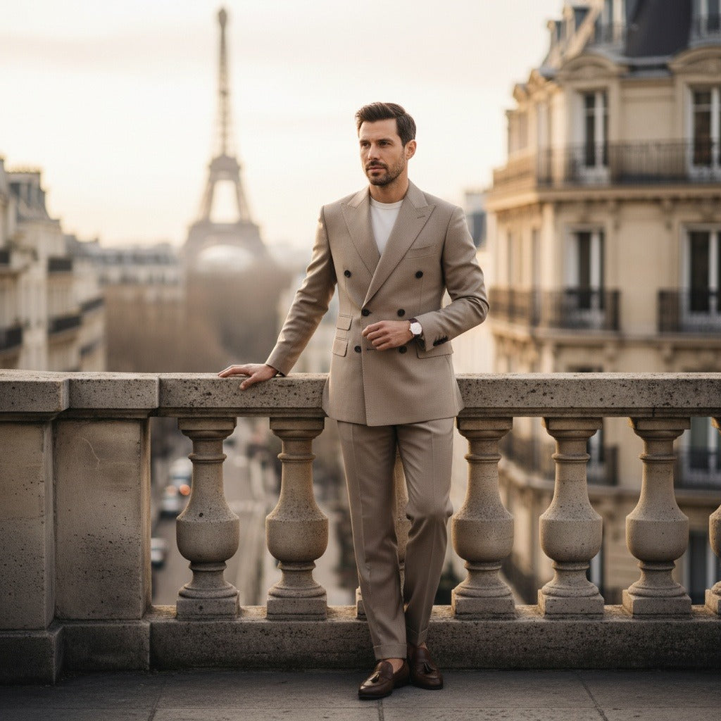 Men's Double Breasted Suit in beige, view 2