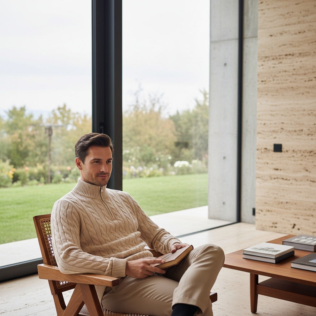 Men's Quarter Zip Jumper in beige, view 3