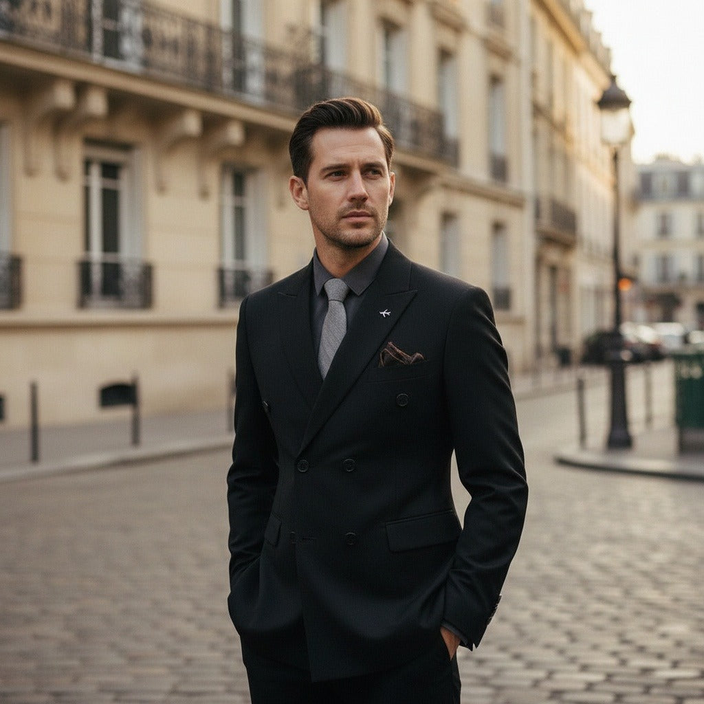 Men's Double Breasted Suit in black, view 2