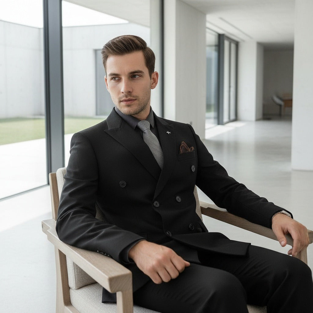 Men's Double Breasted Suit in black, view 3