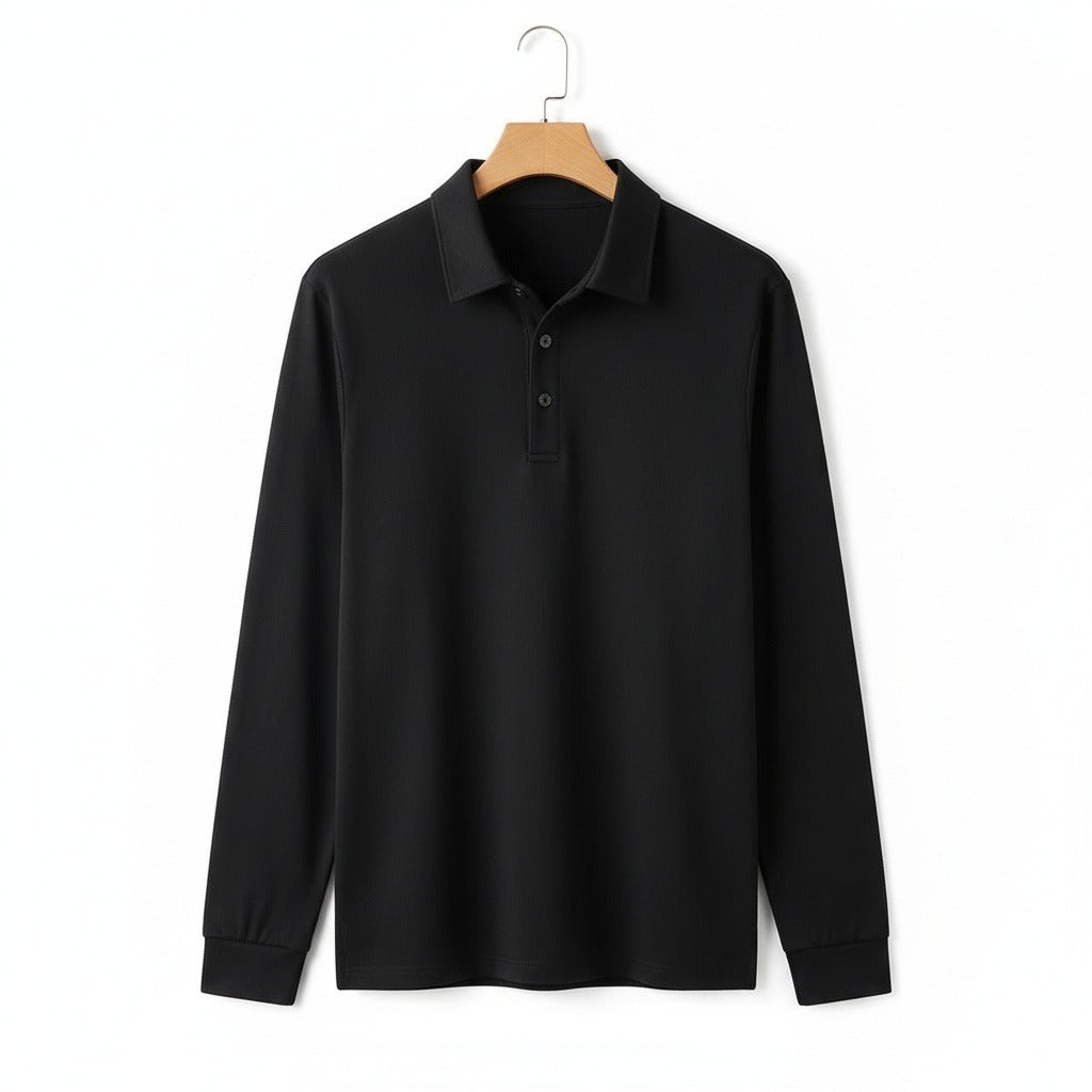 Men's Knitted Polo Shirt in black – Long Sleeve Fine Knit Polo