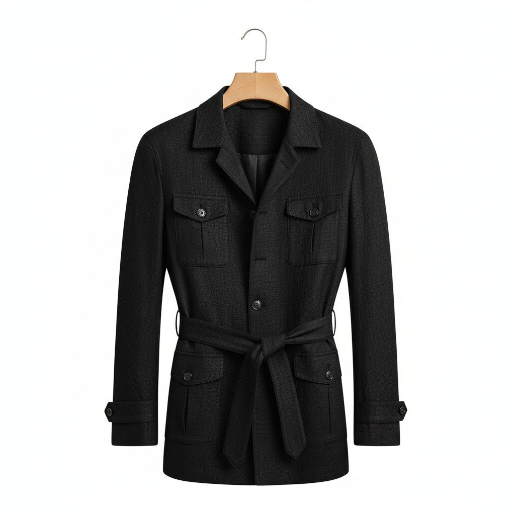 Men's Safari Jacket in black – Belted Four Pocket Jacket