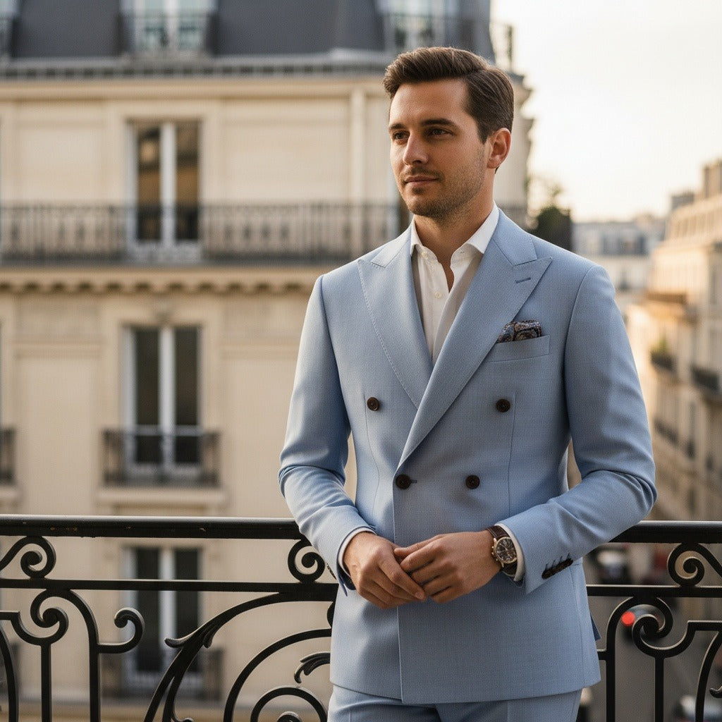 Men's Double Breasted Suit in light blue, view 2