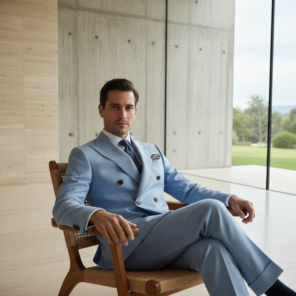Men's Double Breasted Suit in light blue, view 3