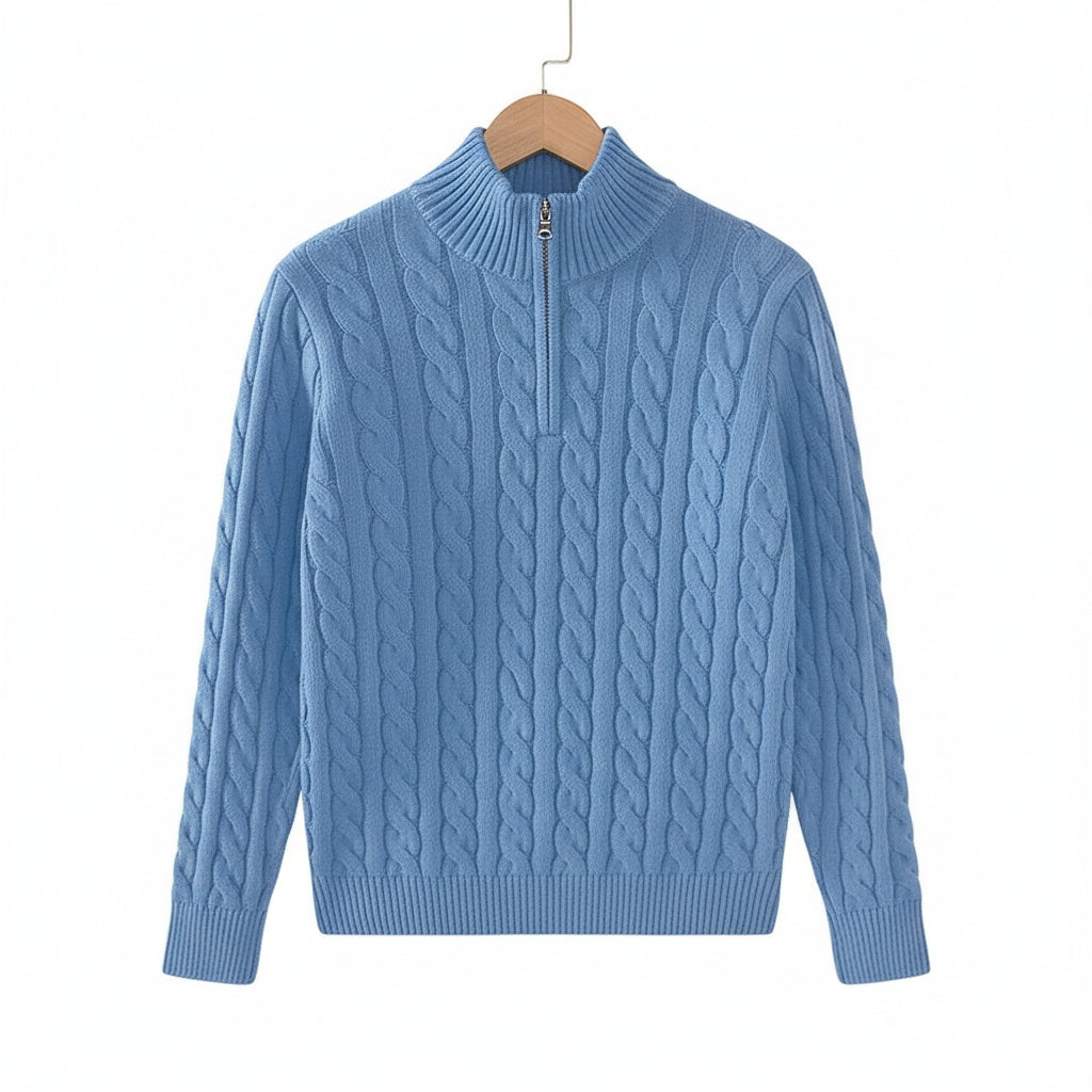 Men's Quarter Zip Jumper in blue – Cable Knit Funnel Neck Jumper