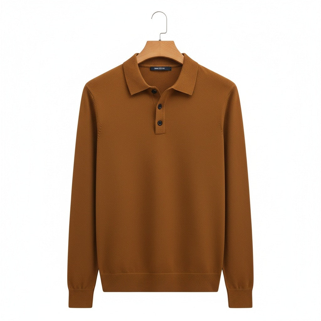 Men's Knitted Polo Shirt in brown – Long Sleeve Fine Knit Polo