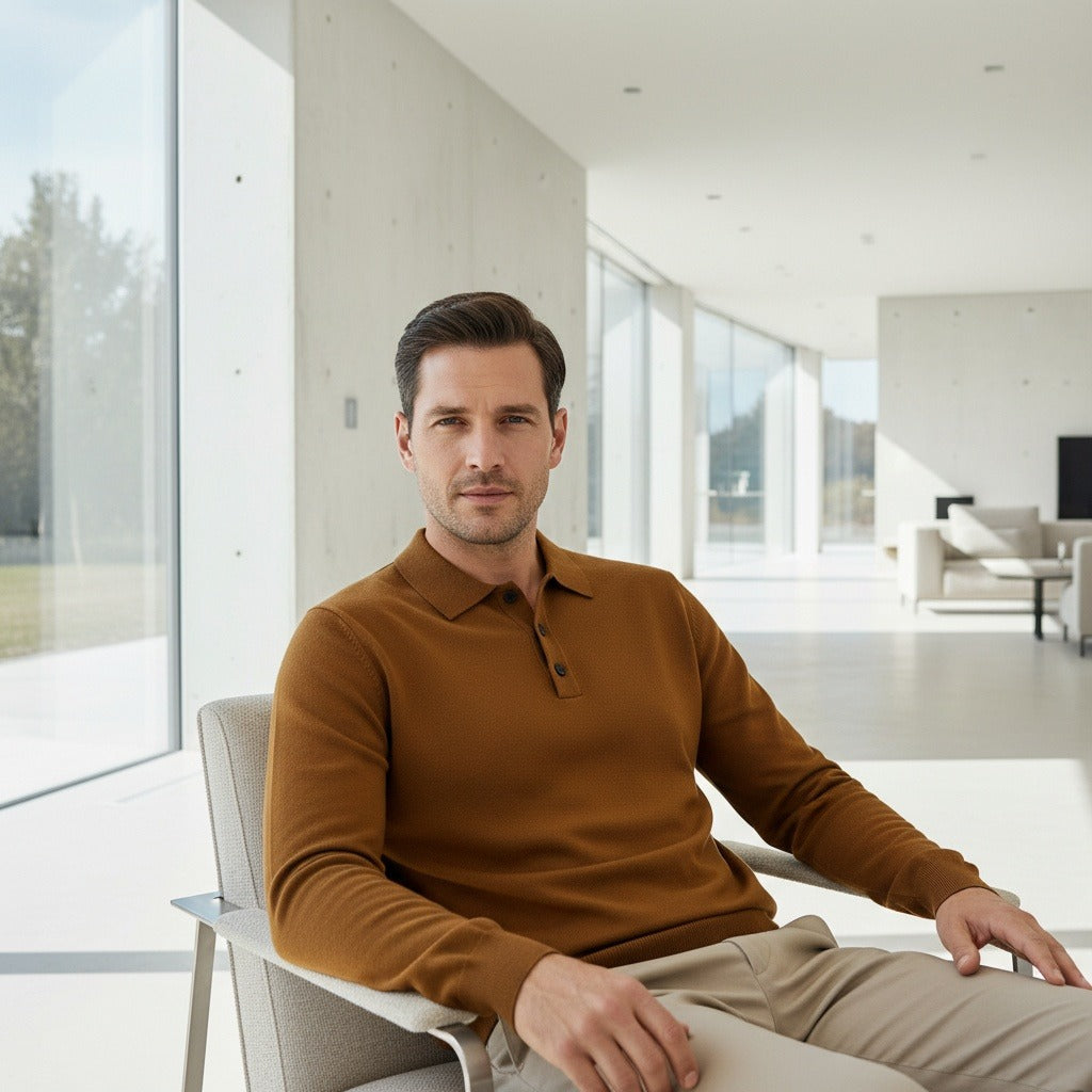 Men's Knitted Polo Shirt in brown, view 3