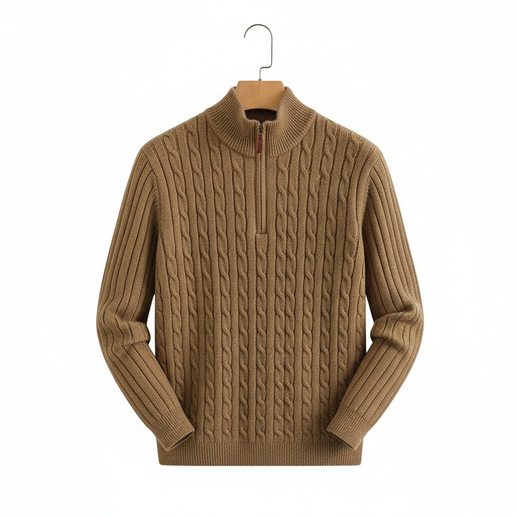 Men's Quarter Zip Jumper in brown – Cable Knit Funnel Neck Jumper