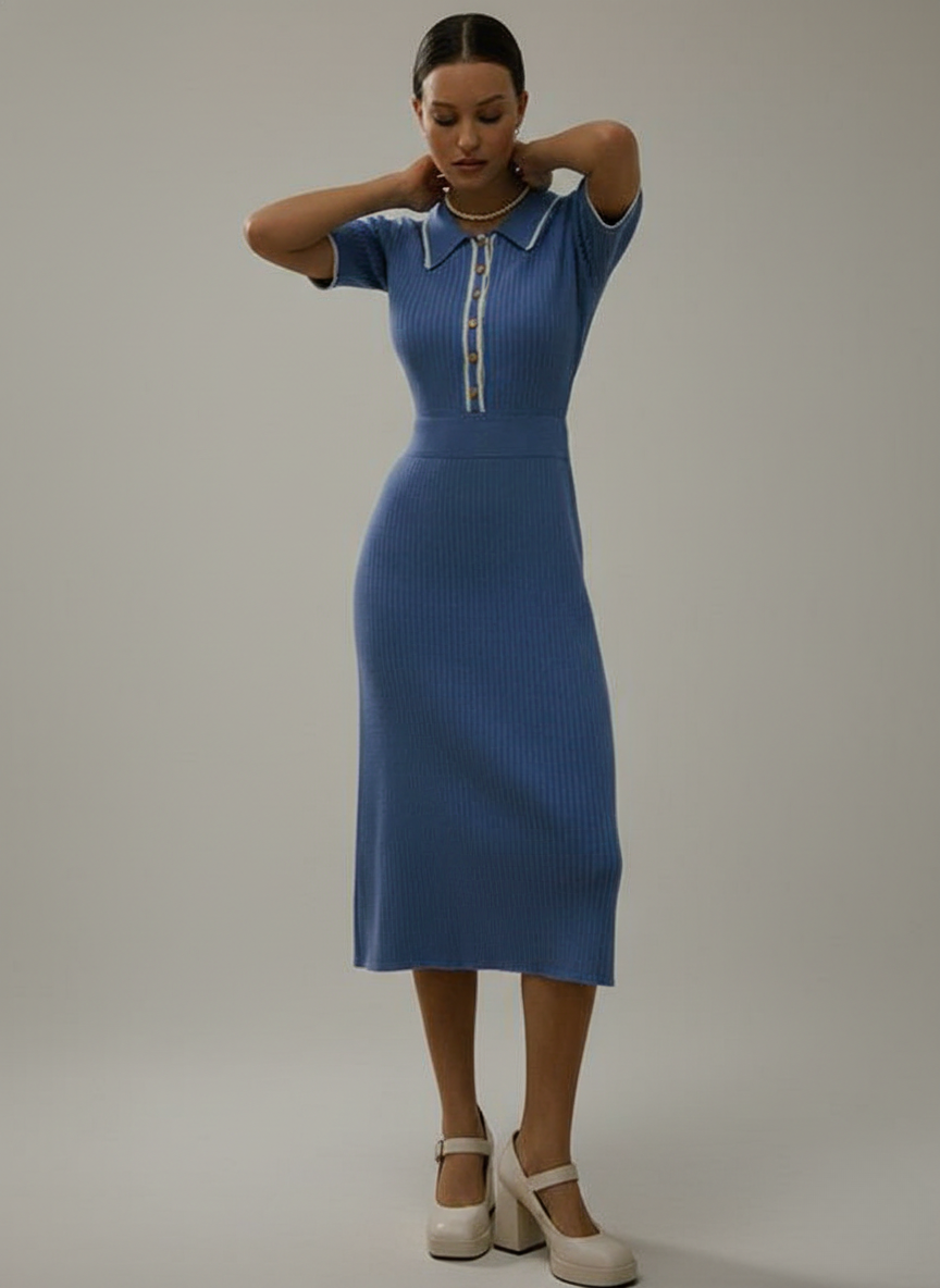 Women's Knit Polo Dress in Blue