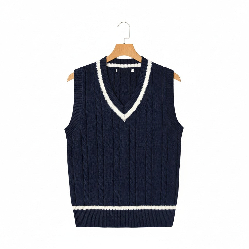 Men's Cable Knit Vest in navy blue – Sleeveless V Neck Cricket Jumper