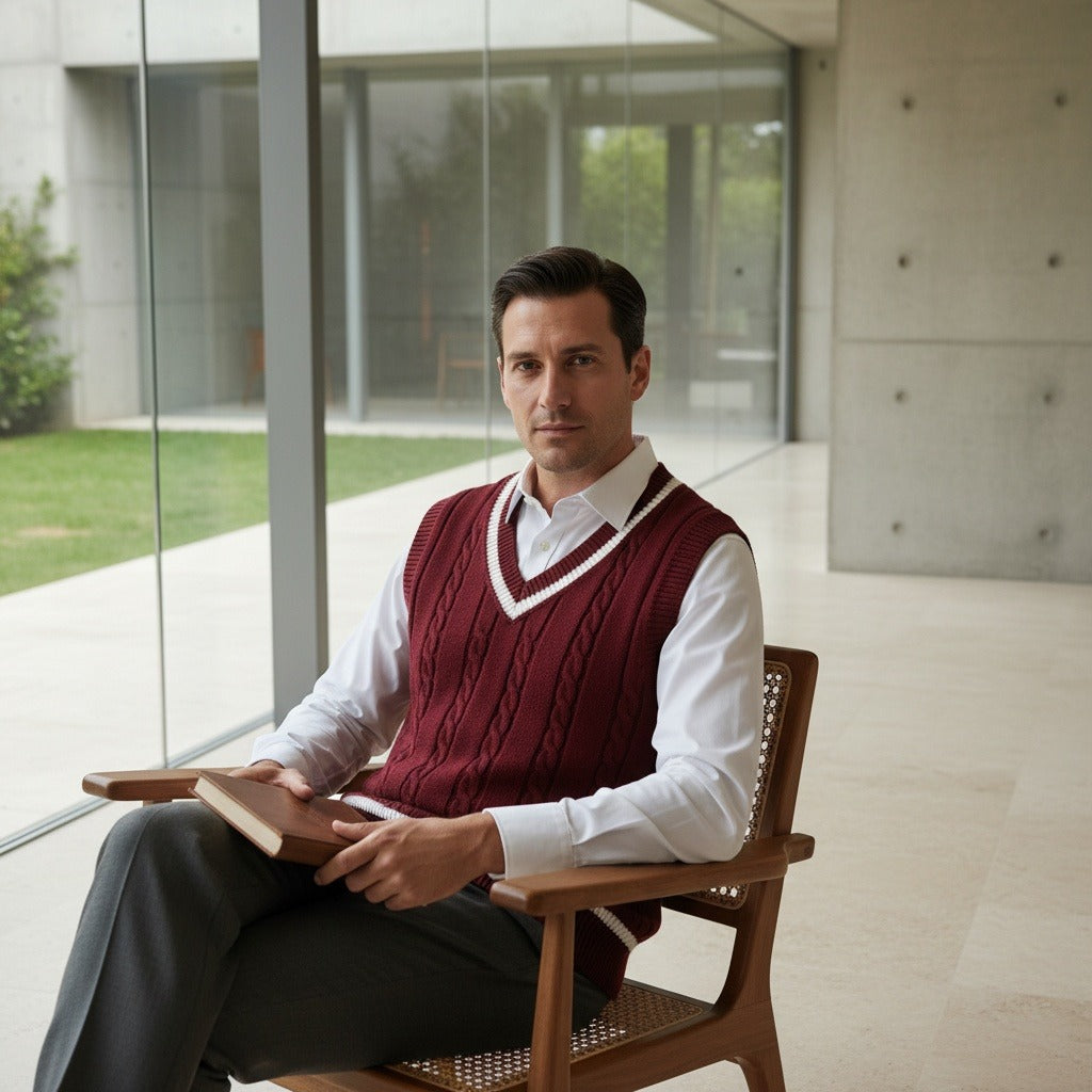 Men's Cable Knit Vest in maroon, view 3
