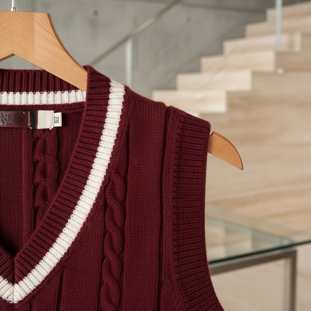 Men's Cable Knit Vest in maroon, view 4