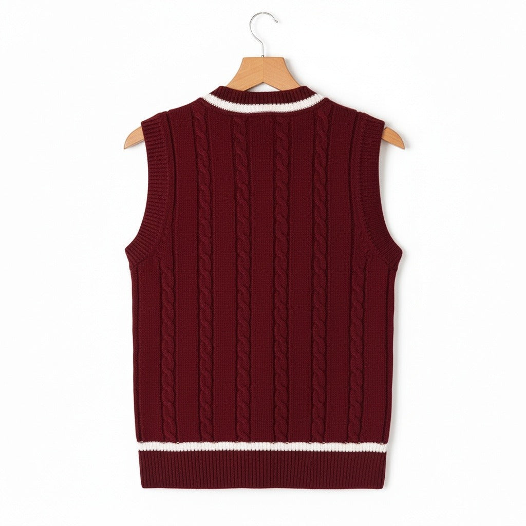 Men's Cable Knit Vest in maroon, view 5