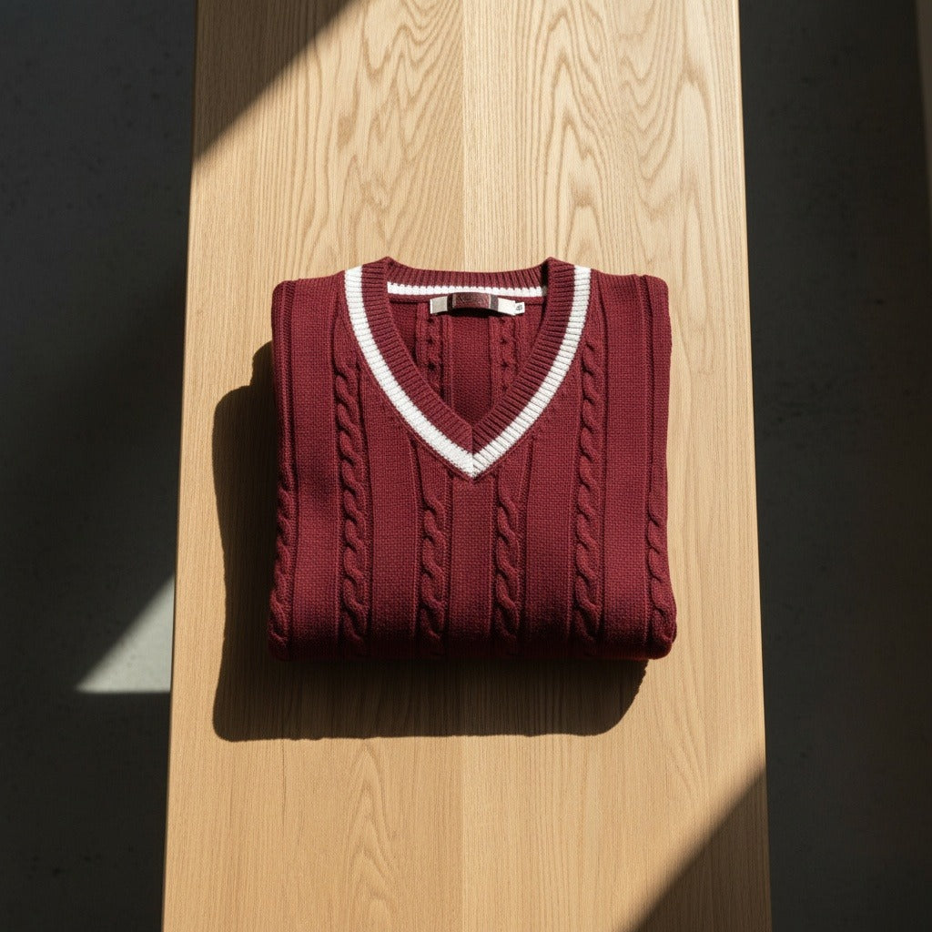 Men's Cable Knit Vest in maroon, view 7