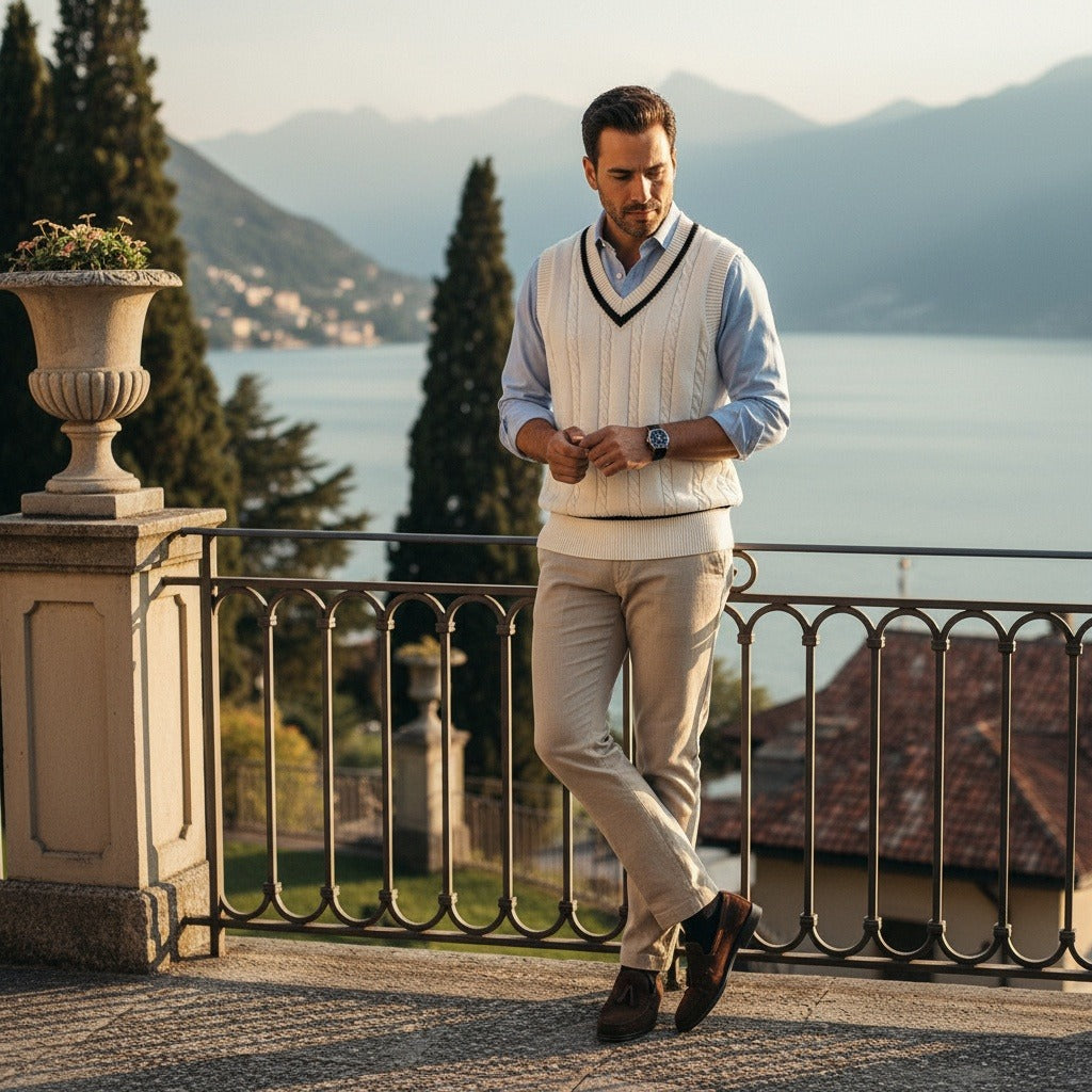 Men's Cable Knit Vest in ivory, view 2