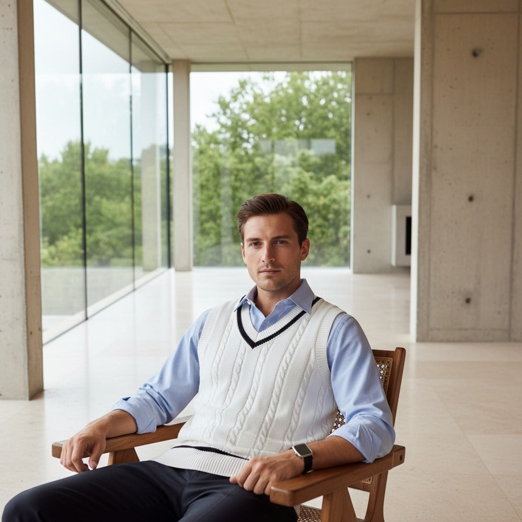 Men's Cable Knit Vest in ivory, view 3